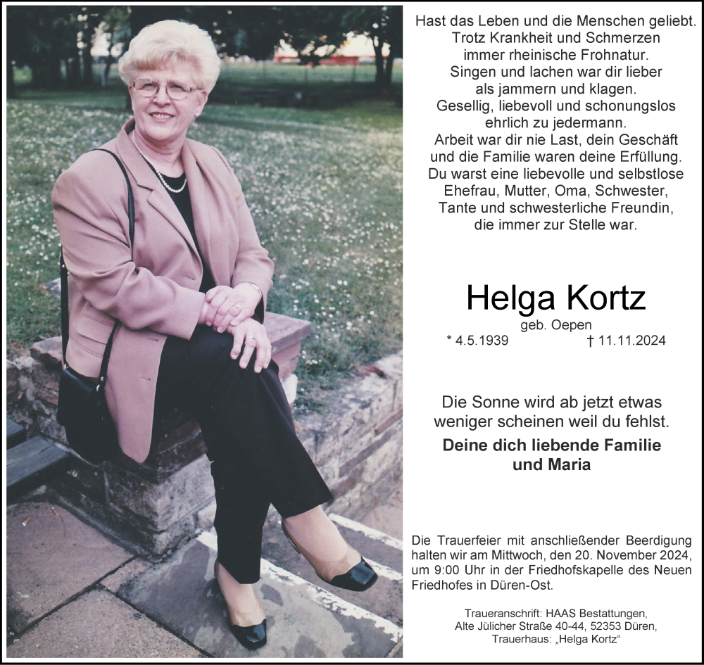  Traueranzeige für Helga Kortz vom 17.11.2024 aus Zeitung am Sonntag