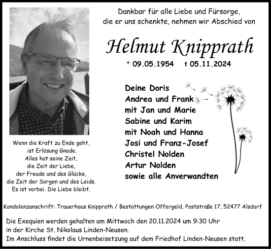 Traueranzeige von Helmut Knipprath von Zeitung am Sonntag