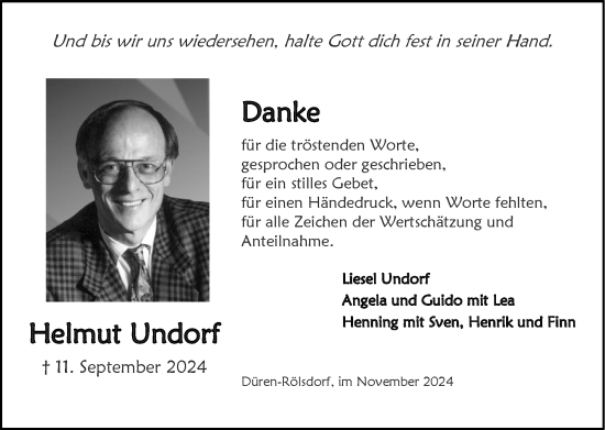 Traueranzeige von Helmut Undorf von Zeitung am Sonntag