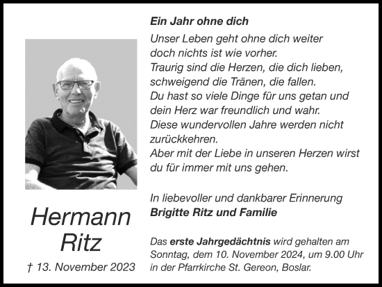 Traueranzeige von Hermann Ritz von Zeitung am Sonntag