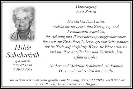 Traueranzeige von Hilde Schuhwirth von Zeitung am Sonntag