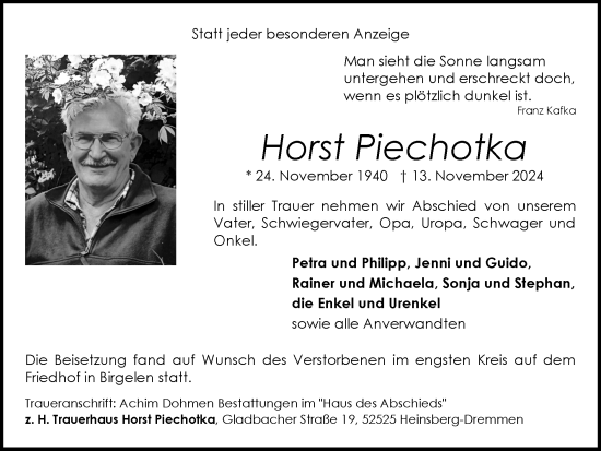 Traueranzeige von Horst Piechotka von Zeitung am Sonntag