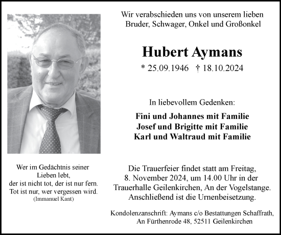 Traueranzeige von Hubert Aymans von Zeitung am Sonntag