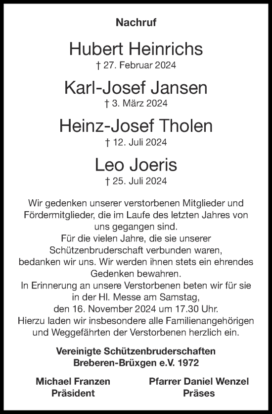 Traueranzeige von Hubert Heinrichs von Zeitung am Sonntag