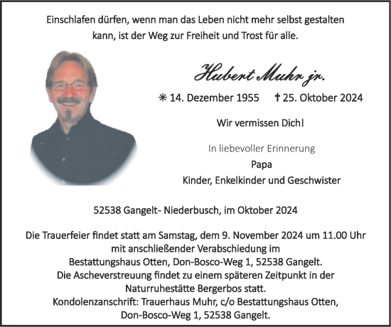Traueranzeige von Hubert Muhr jr. von Zeitung am Sonntag