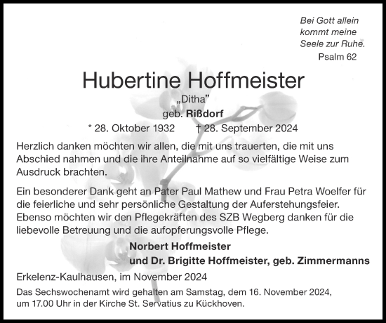 Traueranzeige von Hubertine Hoffmeister von Zeitung am Sonntag