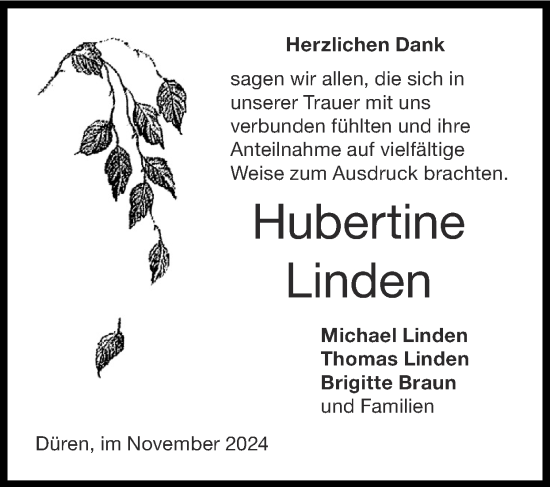 Traueranzeige von Hubertine Linden von Zeitung am Sonntag
