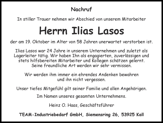 Traueranzeige von Ilias Lasos von Zeitung am Sonntag