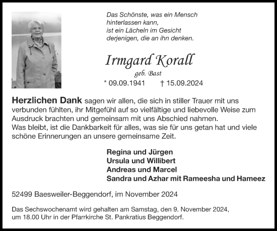 Traueranzeige von Irmgard Korall von Zeitung am Sonntag