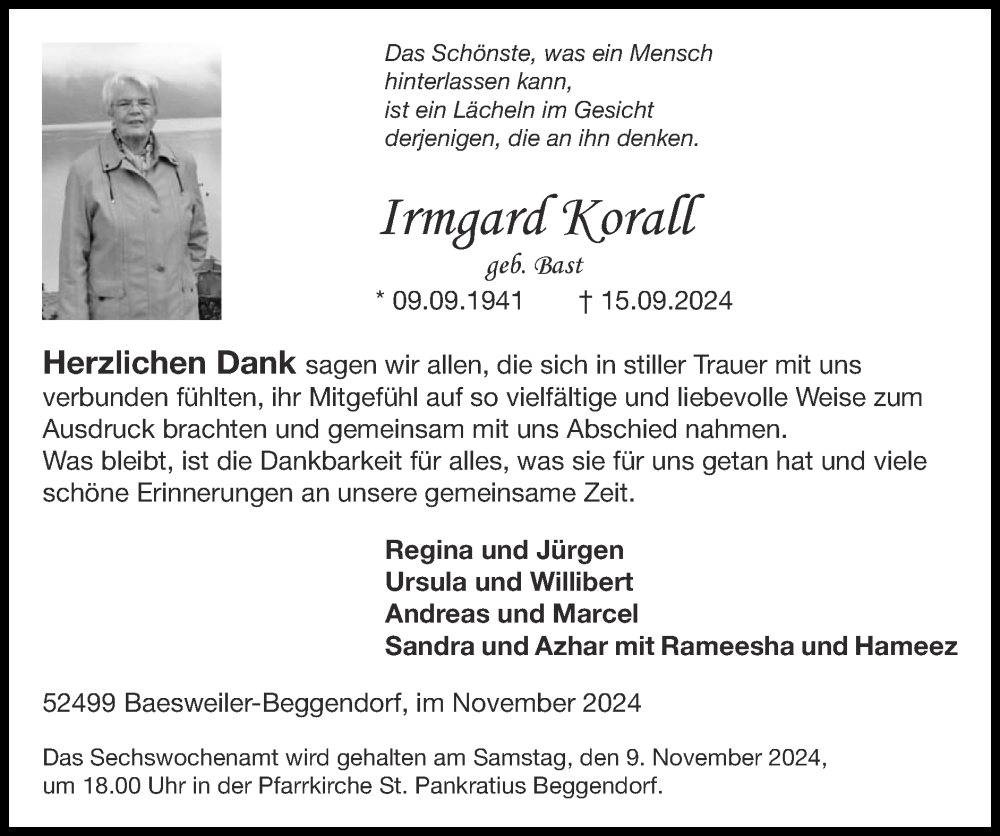  Traueranzeige für Irmgard Korall vom 03.11.2024 aus Zeitung am Sonntag
