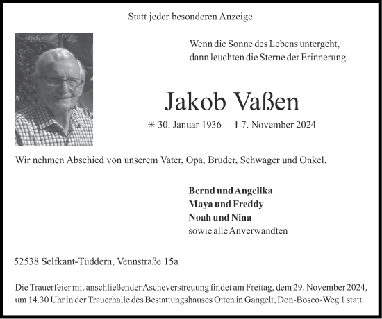 Traueranzeige von Jakob Vaßen von Zeitung am Sonntag