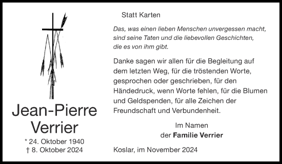 Traueranzeige von Jean-Pierre Verrier von Zeitung am Sonntag