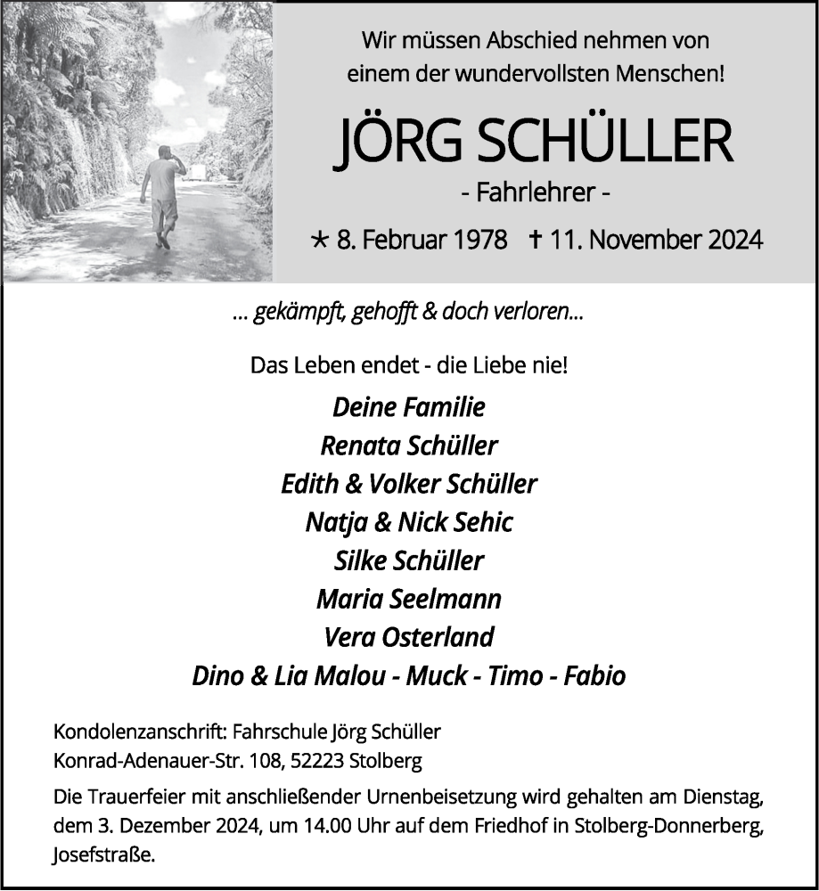  Traueranzeige für Jörg Schüller vom 24.11.2024 aus Zeitung am Sonntag