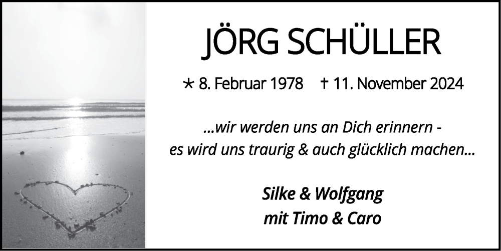  Traueranzeige für Jörg Schüller vom 24.11.2024 aus Zeitung am Sonntag