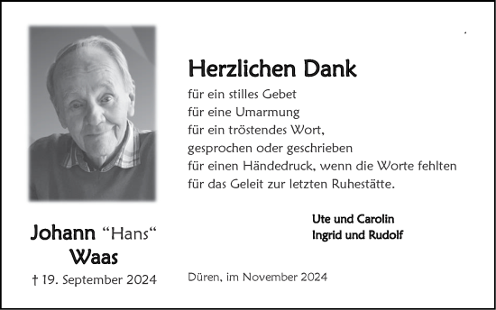 Traueranzeige von Johann  Waas von Zeitung am Sonntag