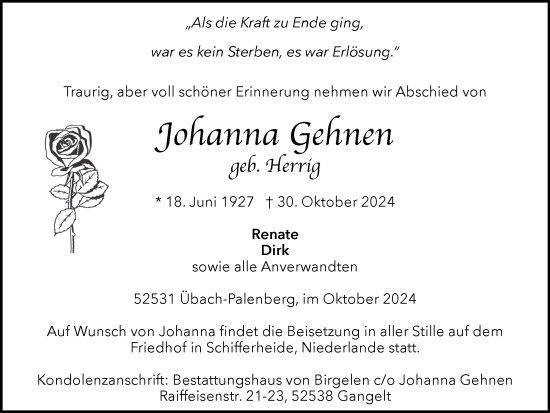 Traueranzeige von Johanna Gehnen von Zeitung am Sonntag