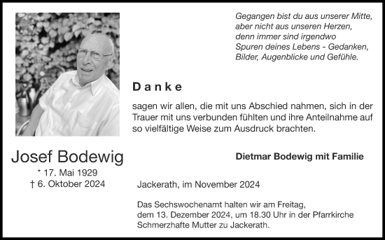 Traueranzeige von Josef Bodewig von Zeitung am Sonntag