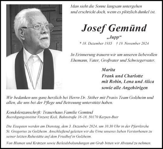 Traueranzeige von Josef Gemünd von Zeitung am Sonntag