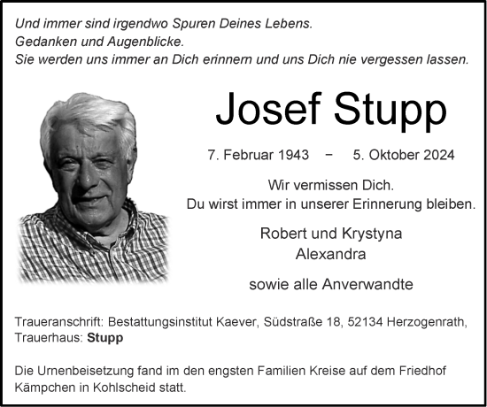 Traueranzeige von Josef Stupp von Zeitung am Sonntag
