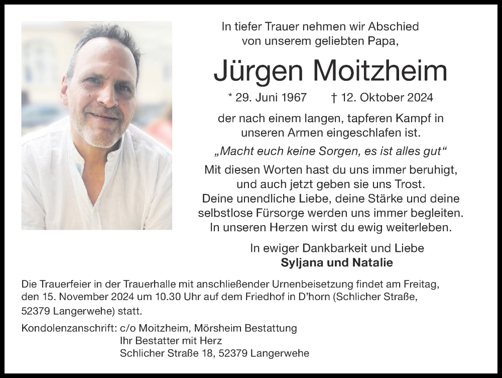  Traueranzeige für Jürgen Moitzheim vom 10.11.2024 aus Zeitung am Sonntag