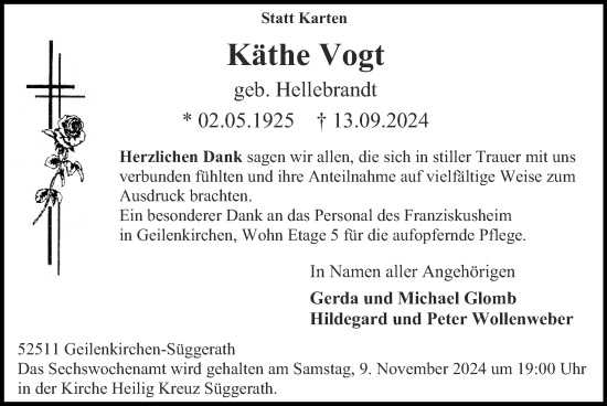 Traueranzeige von Käthe Vogt von Zeitung am Sonntag