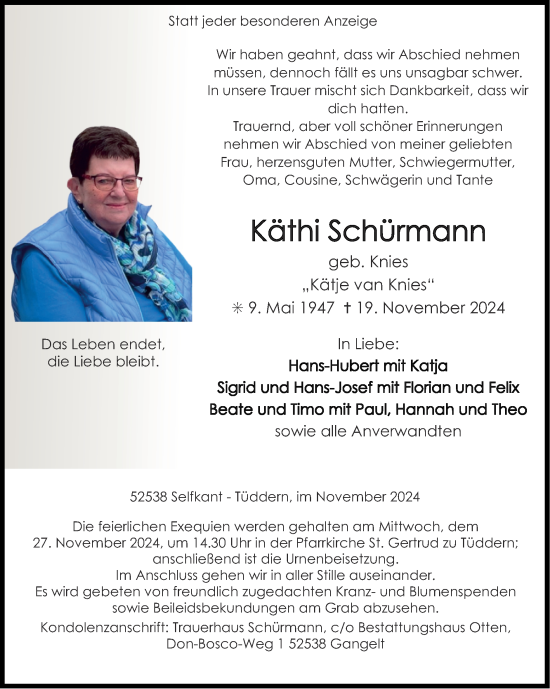 Traueranzeige von Käthi Schürmann von Zeitung am Sonntag