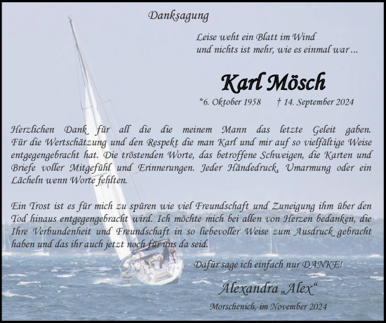 Traueranzeige von Karl Mösch von Zeitung am Sonntag
