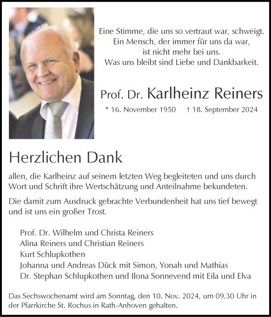 Traueranzeige von Karlheinz Reiners von Zeitung am Sonntag