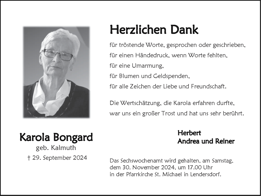  Traueranzeige für Karola Bongard vom 24.11.2024 aus Zeitung am Sonntag