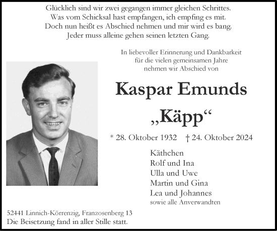 Traueranzeige von Kaspar Emunds von Zeitung am Sonntag