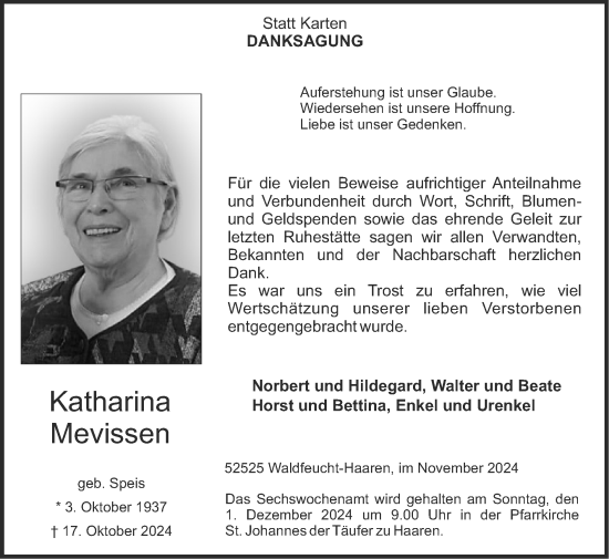 Traueranzeige von Katharina Mevissen von Zeitung am Sonntag
