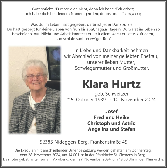 Traueranzeige von Klara Hurtz von Zeitung am Sonntag