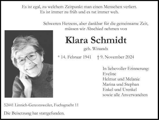 Traueranzeige von Klara Schmidt von Zeitung am Sonntag