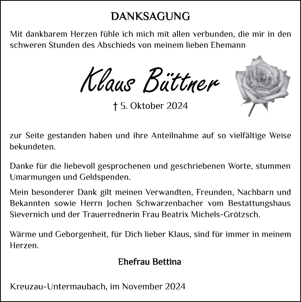  Traueranzeige für Klaus Büttner vom 24.11.2024 aus Zeitung am Sonntag