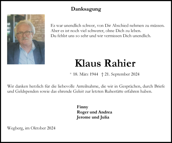 Traueranzeige von Klaus Rahier von Zeitung am Sonntag
