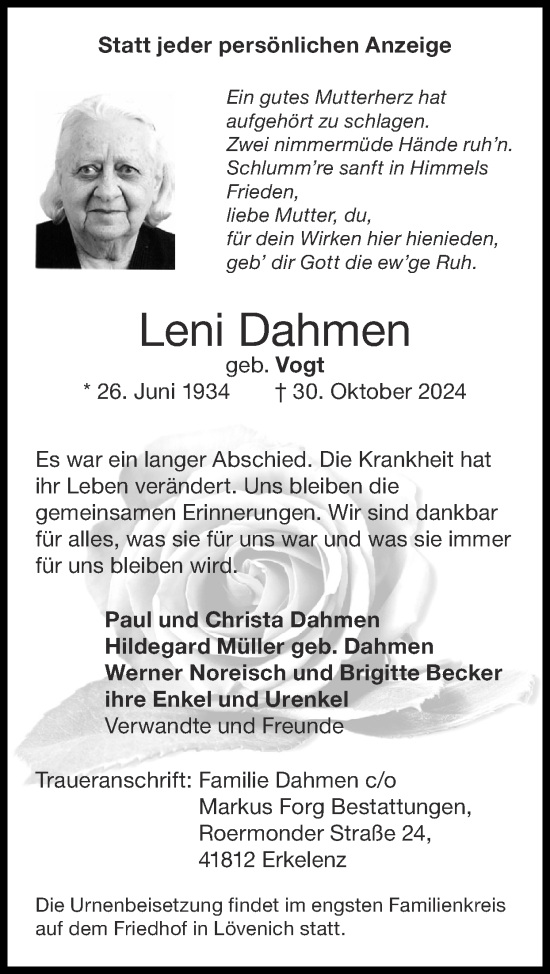 Traueranzeige von Leni Dahmen von Zeitung am Sonntag