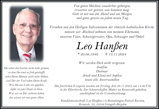 Traueranzeige von Leo Hanßen von Zeitung am Sonntag