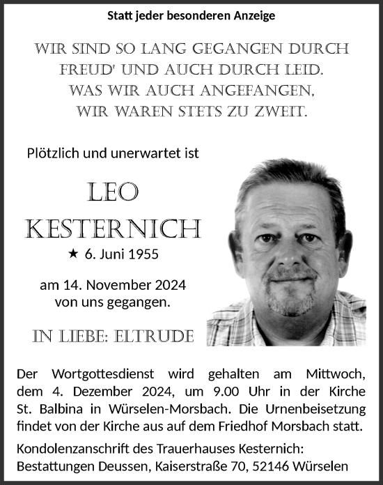 Traueranzeige von Leo Kesternich von Zeitung am Sonntag