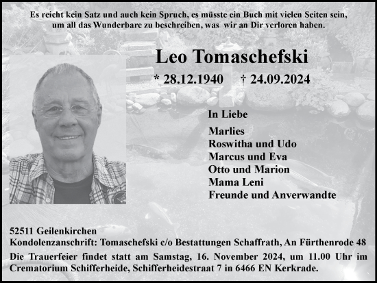 Traueranzeige von Leo Tomaschefski von Zeitung am Sonntag