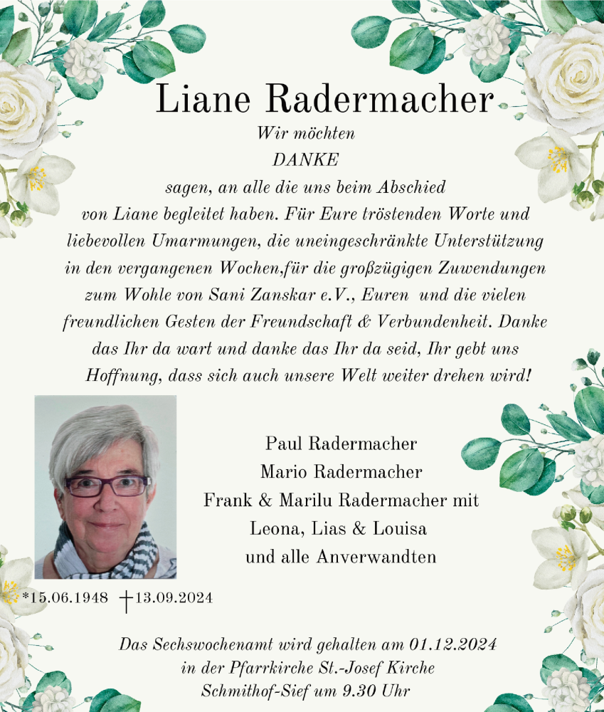  Traueranzeige für Liane Radermacher vom 16.11.2024 aus Aachener Zeitung