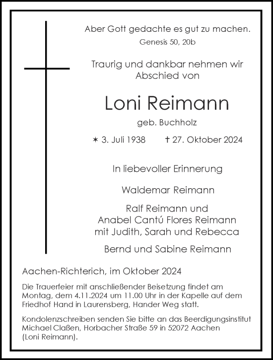 Traueranzeige von Loni Reimann von Aachener Zeitung