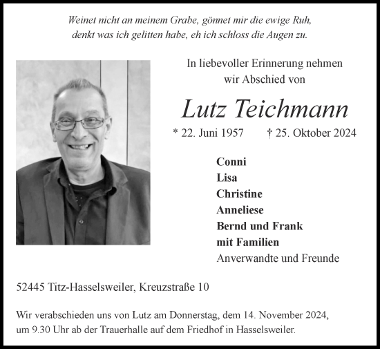 Traueranzeige von Lutz Teichmann von Zeitung am Sonntag