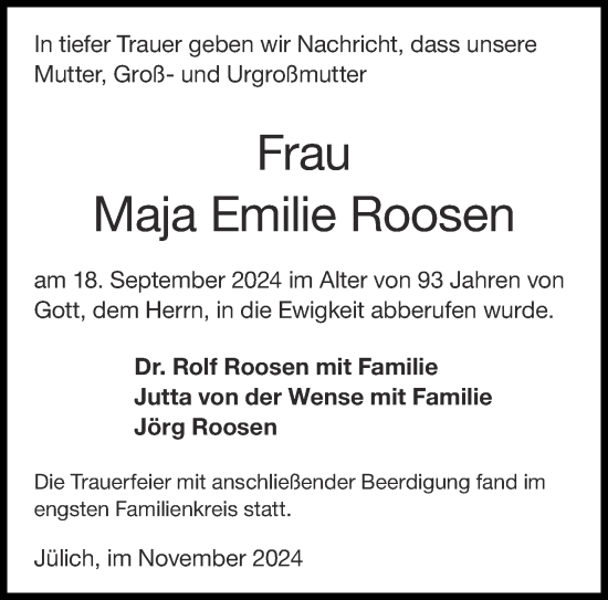 Traueranzeige von Maja Emilie Roosen von Aachener Zeitung