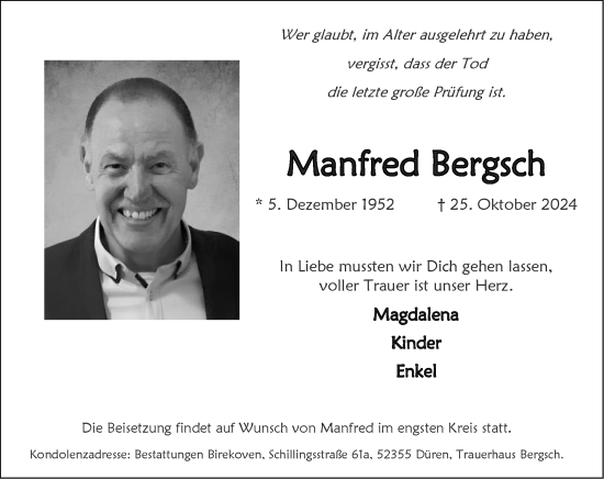 Traueranzeige von Manfred Bergsch von Zeitung am Sonntag