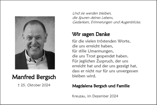 Traueranzeige von Manfred Bergsch von Zeitung am Sonntag