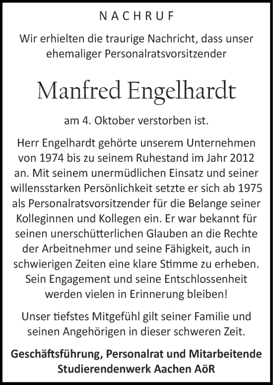 Traueranzeige von Manfred Engelhardt von Aachener Zeitung