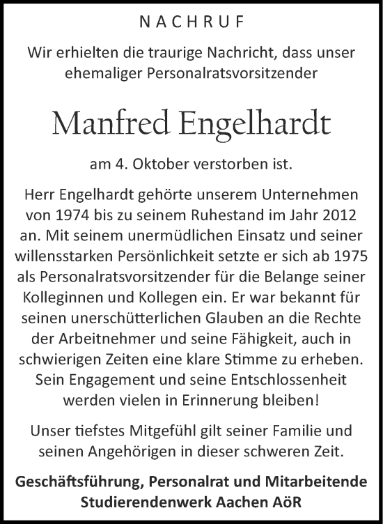 Traueranzeige von Manfred Engelhardt von Zeitung am Sonntag