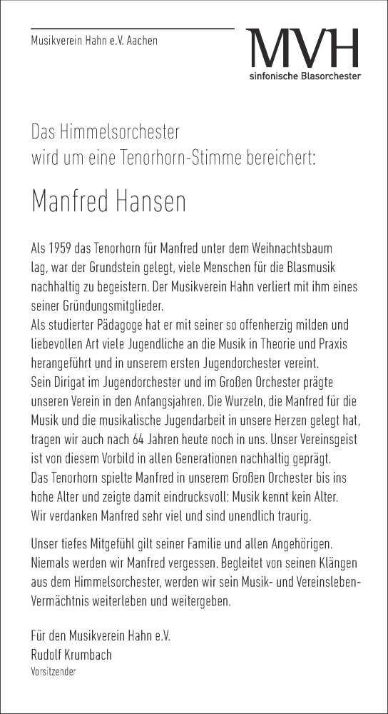 Traueranzeige von Manfred Hansen von Zeitung am Sonntag