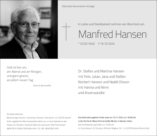Traueranzeige von Manfred Hansen von Aachener Zeitung