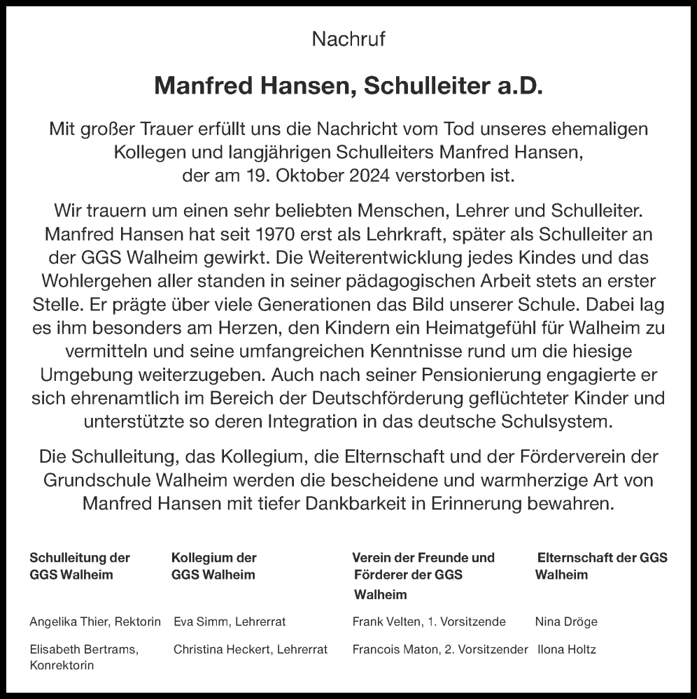  Traueranzeige für Manfred Hansen vom 17.11.2024 aus Zeitung am Sonntag